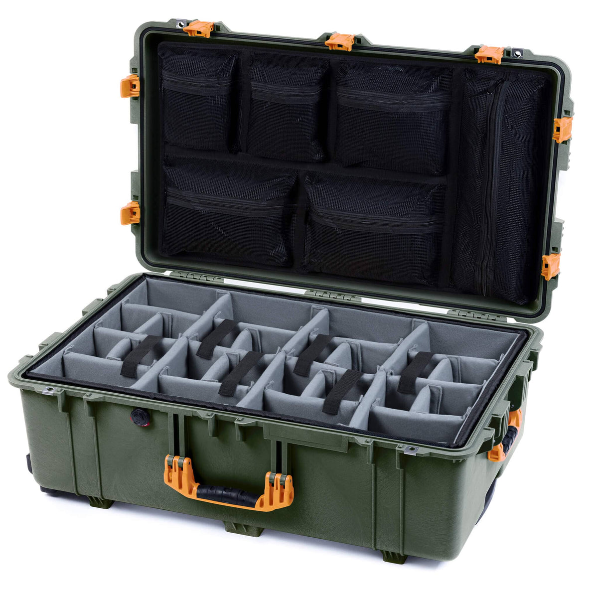 Pelican 1650 Case, OD Green with Yellow Handles &amp; Push-Button Latches Gray Padded Microfiber Dividers with Mesh Lid Organizer ColorCase 016500-0170-130-241