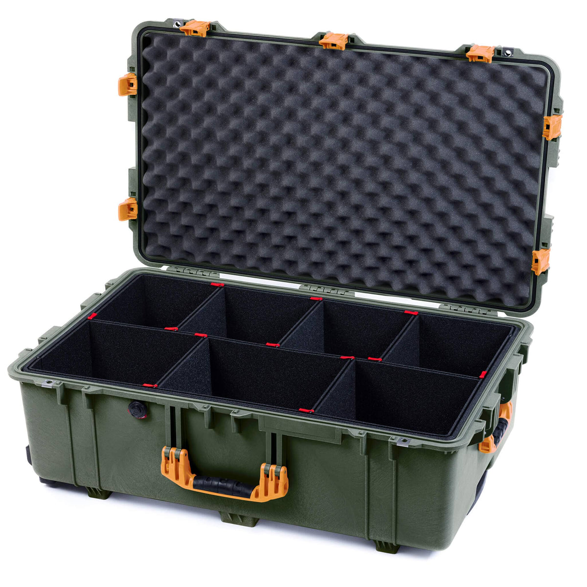 Pelican 1650 Case, OD Green with Yellow Handles &amp; Push-Button Latches TrekPak Divider System with Convoluted Lid Foam ColorCase 016500-0020-130-241
