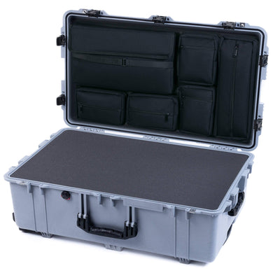 Pelican 1650 Case, Silver with Black Handles & Push-Button Latches Pick & Pluck Foam with Laptop Computer Lid Pouch ColorCase 016500-0201-180-111