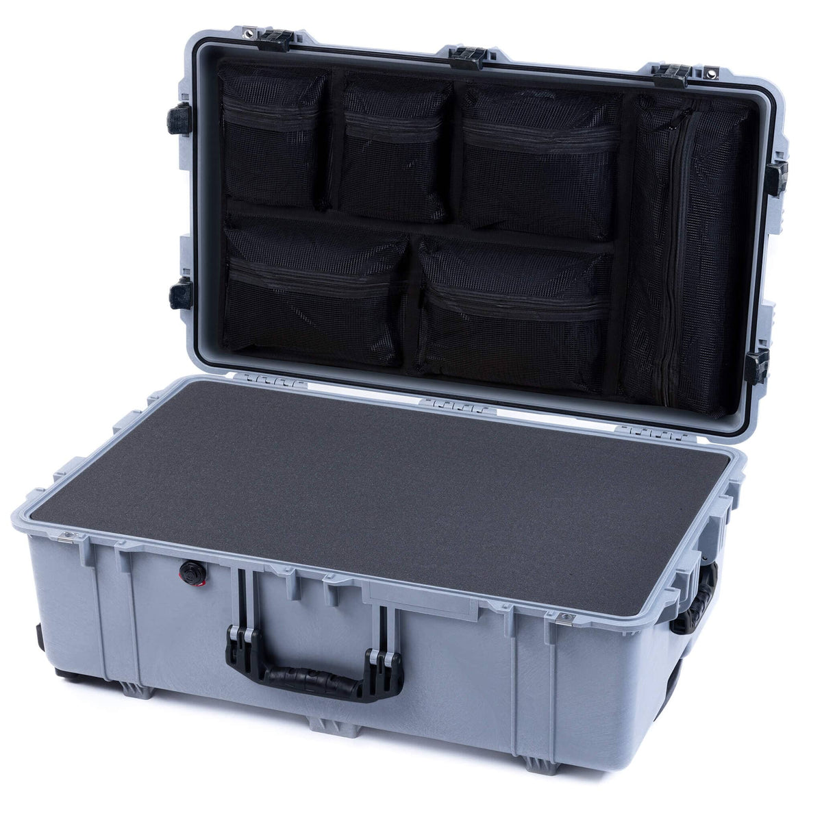 Pelican 1650 Case, Silver with Black Handles &amp; Latches Pick &amp; Pluck Foam with Mesh Lid Organizer ColorCase 016500-0101-180-110