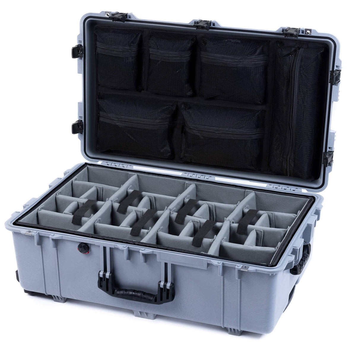Pelican 1650 Case, Silver with Black Handles &amp; Push-Button Latches Gray Padded Microfiber Dividers with Mesh Lid Organizer ColorCase 016500-0170-180-111