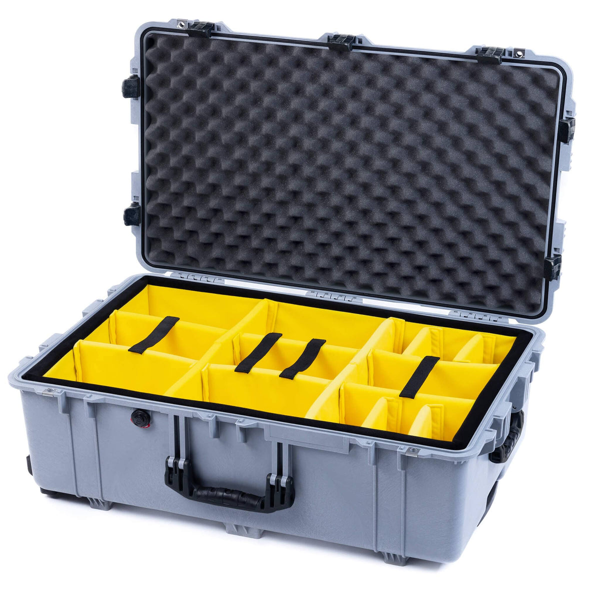 Pelican 1650 Case, Silver with Black Handles &amp; Latches Yellow Padded Microfiber Dividers with Convoluted Lid Foam ColorCase 016500-0010-180-110