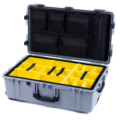 Pelican 1650 Case, Silver with Black Handles & Push-Button Latches Yellow Padded Microfiber Dividers with Mesh Lid Organizer ColorCase 016500-0110-180-111