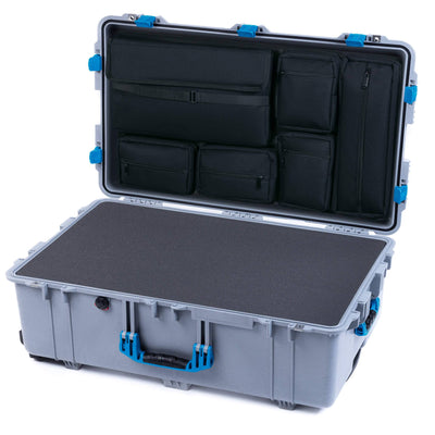 Pelican 1650 Case, Silver with Blue Handles & Latches Pick & Pluck Foam with Laptop Computer Lid Pouch ColorCase 016500-0201-180-120
