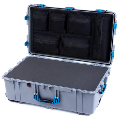 Pelican 1650 Case, Silver with Blue Handles & Push-Button Latches Pick & Pluck Foam with Mesh Lid Organizer ColorCase 016500-0101-180-121