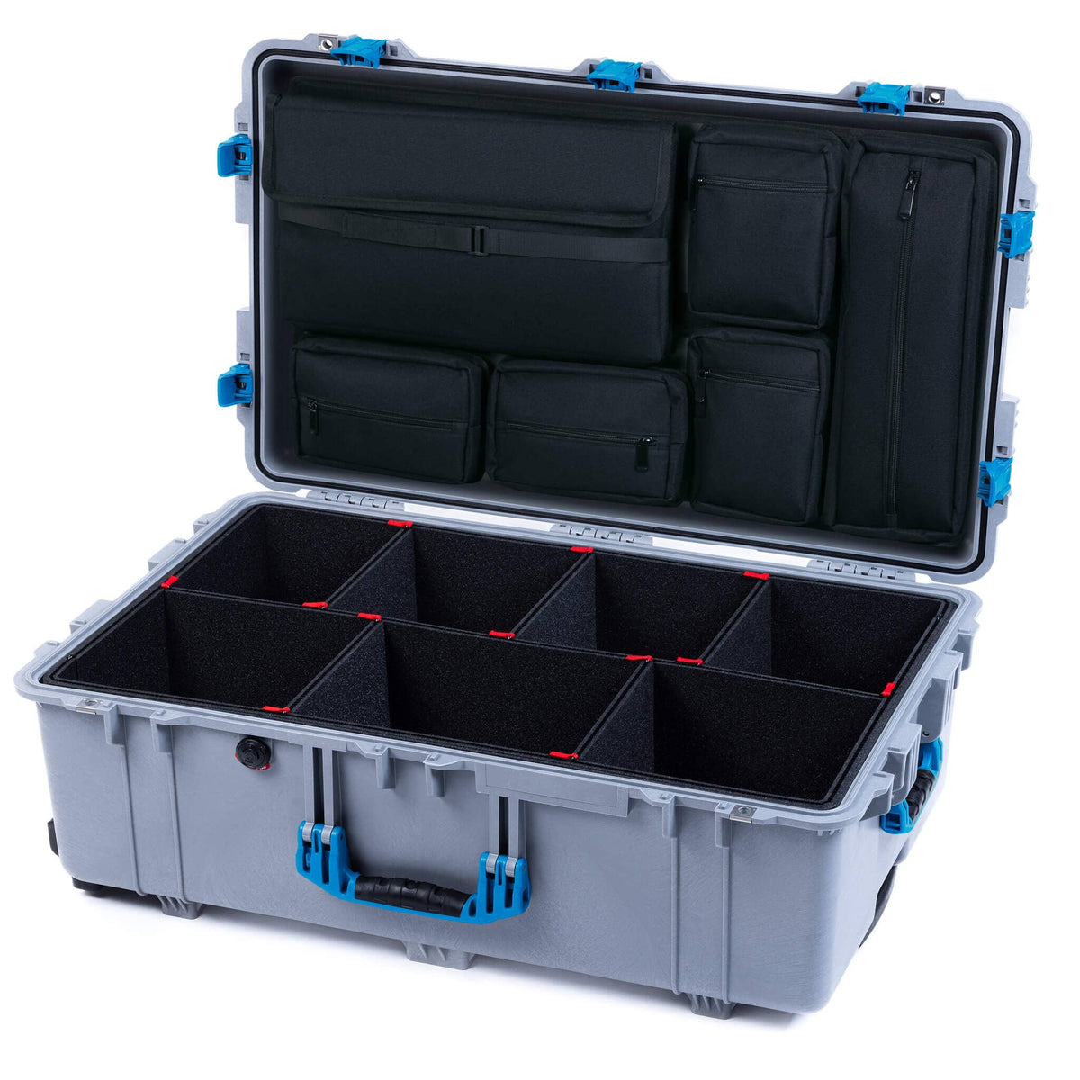 Pelican 1650 Case, Silver with Blue Handles &amp; Push-Button Latches TrekPak Divider System with Laptop Computer Pouch ColorCase 016500-0220-180-121
