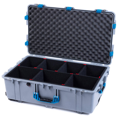 Pelican 1650 Case, Silver with Blue Handles & Latches TrekPak Divider System with Convoluted Lid Foam ColorCase 016500-0020-180-120