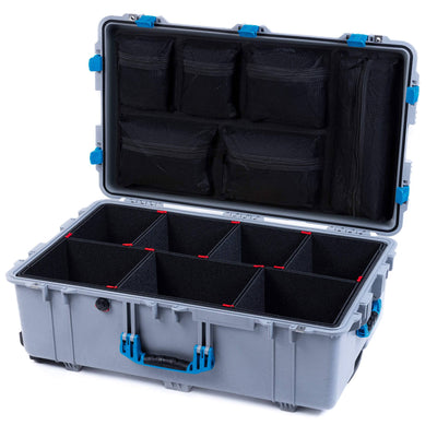 Pelican 1650 Case, Silver with Blue Handles & Latches TrekPak Divider System with Mesh Lid Organizer ColorCase 016500-0120-180-120
