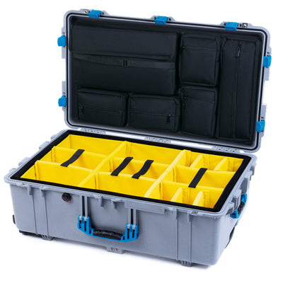 Pelican 1650 Case, Silver with Blue Handles & Latches Yellow Padded Microfiber Dividers with Laptop Computer Lid Pouch ColorCase 016500-0210-180-120