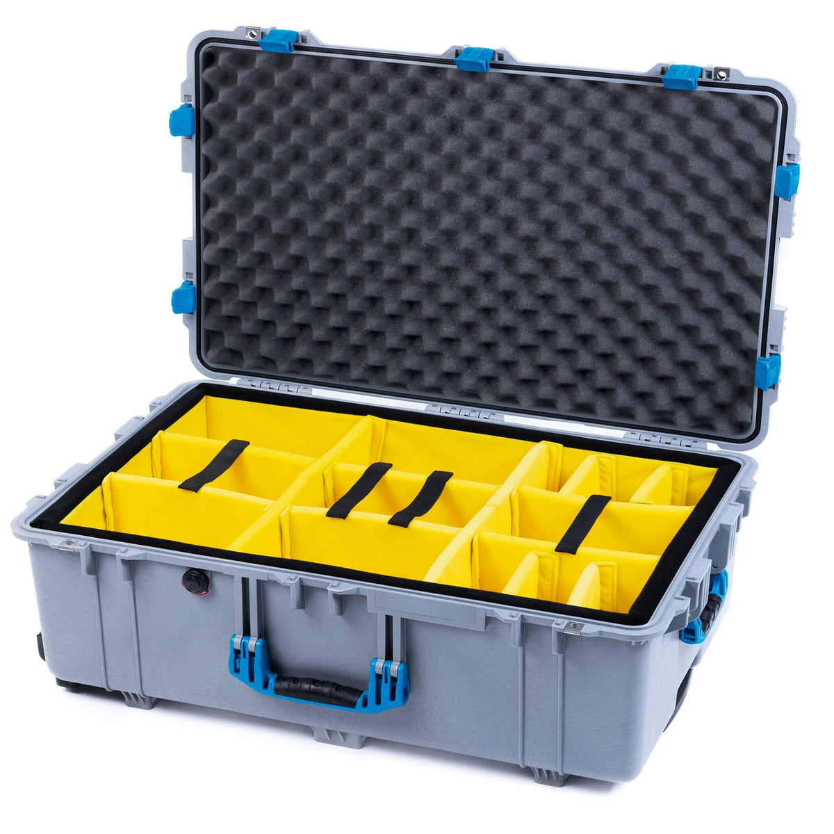 Pelican 1650 Case, Silver with Blue Handles &amp; Latches Yellow Padded Microfiber Dividers with Convoluted Lid Foam ColorCase 016500-0010-180-120