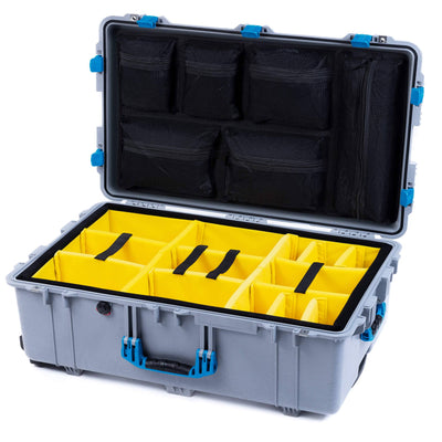 Pelican 1650 Case, Silver with Blue Handles & Latches Yellow Padded Microfiber Dividers with Mesh Lid Organizer ColorCase 016500-0110-180-120