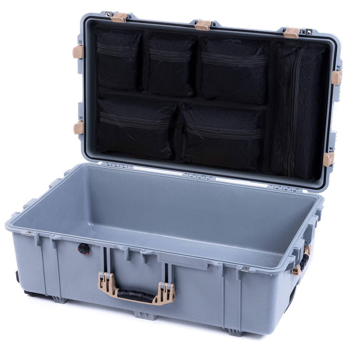 Pelican 1650 Case, Silver with Desert Tan Handles &amp; Latches Mesh Lid Organizer Only ColorCase 016500-0100-180-310