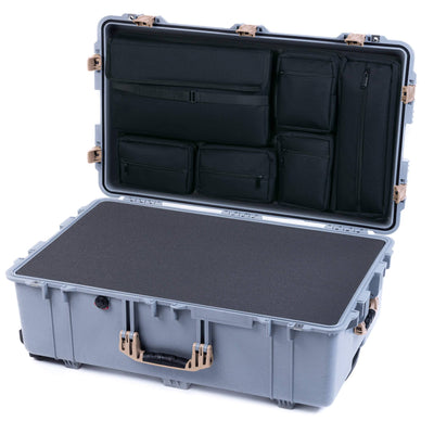 Pelican 1650 Case, Silver with Desert Tan Handles & Push-Button Latches Pick & Pluck Foam with Laptop Computer Lid Pouch ColorCase 016500-0201-180-311