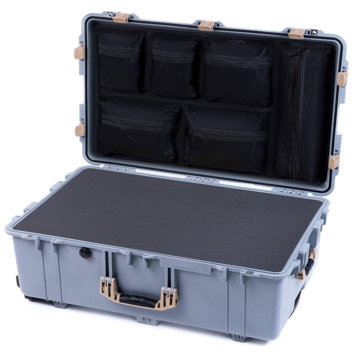Pelican 1650 Case, Silver with Desert Tan Handles &amp; Latches Pick &amp; Pluck Foam with Mesh Lid Organizer ColorCase 016500-0101-180-310