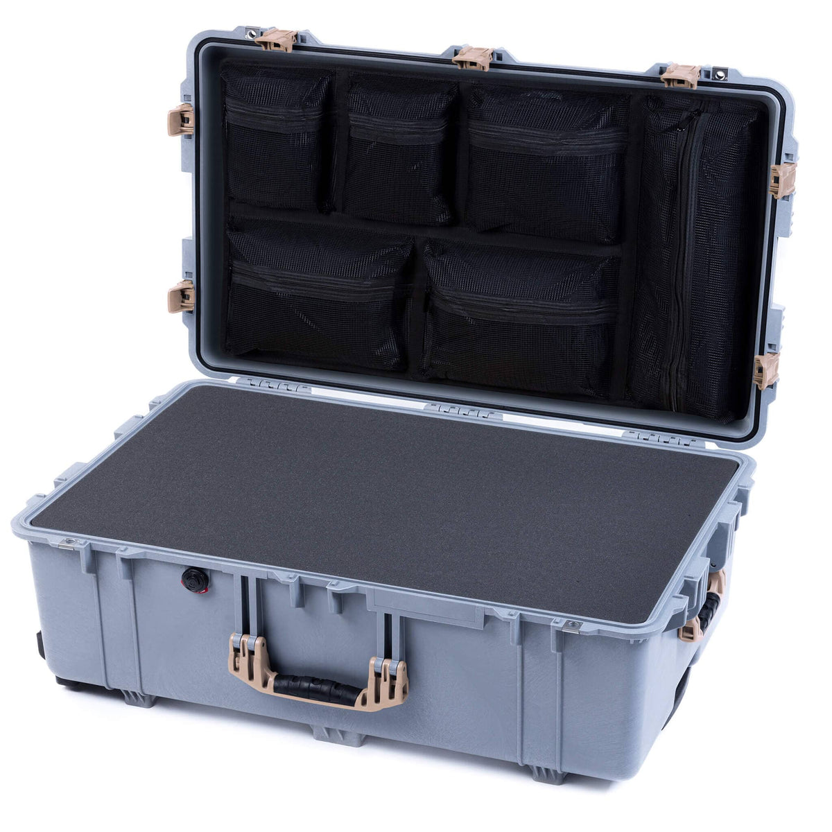 Pelican 1650 Case, Silver with Desert Tan Handles &amp; Push-Button Latches Pick &amp; Pluck Foam with Mesh Lid Organizer ColorCase 016500-0101-180-311