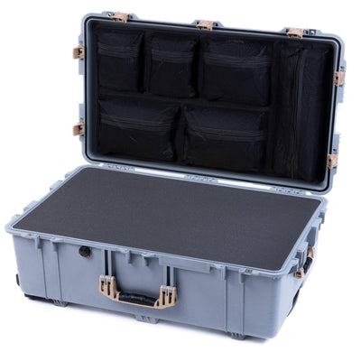 Pelican 1650 Case, Silver with Desert Tan Handles & Push-Button Latches Pick & Pluck Foam with Mesh Lid Organizer ColorCase 016500-0101-180-311