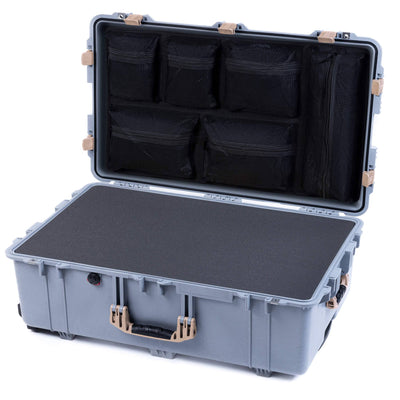 Pelican 1650 Case, Silver with Desert Tan Handles & Latches Pick & Pluck Foam with Mesh Lid Organizer ColorCase 016500-0101-180-310