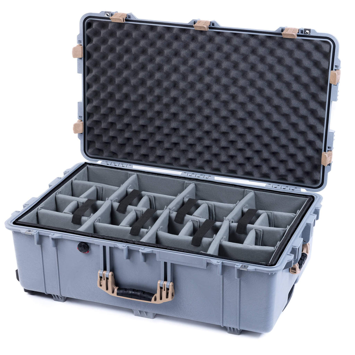 Pelican 1650 Case, Silver with Desert Tan Handles &amp; Latches Gray Padded Dividers with Convoluted Lid Foam ColorCase 016500-0070-180-310