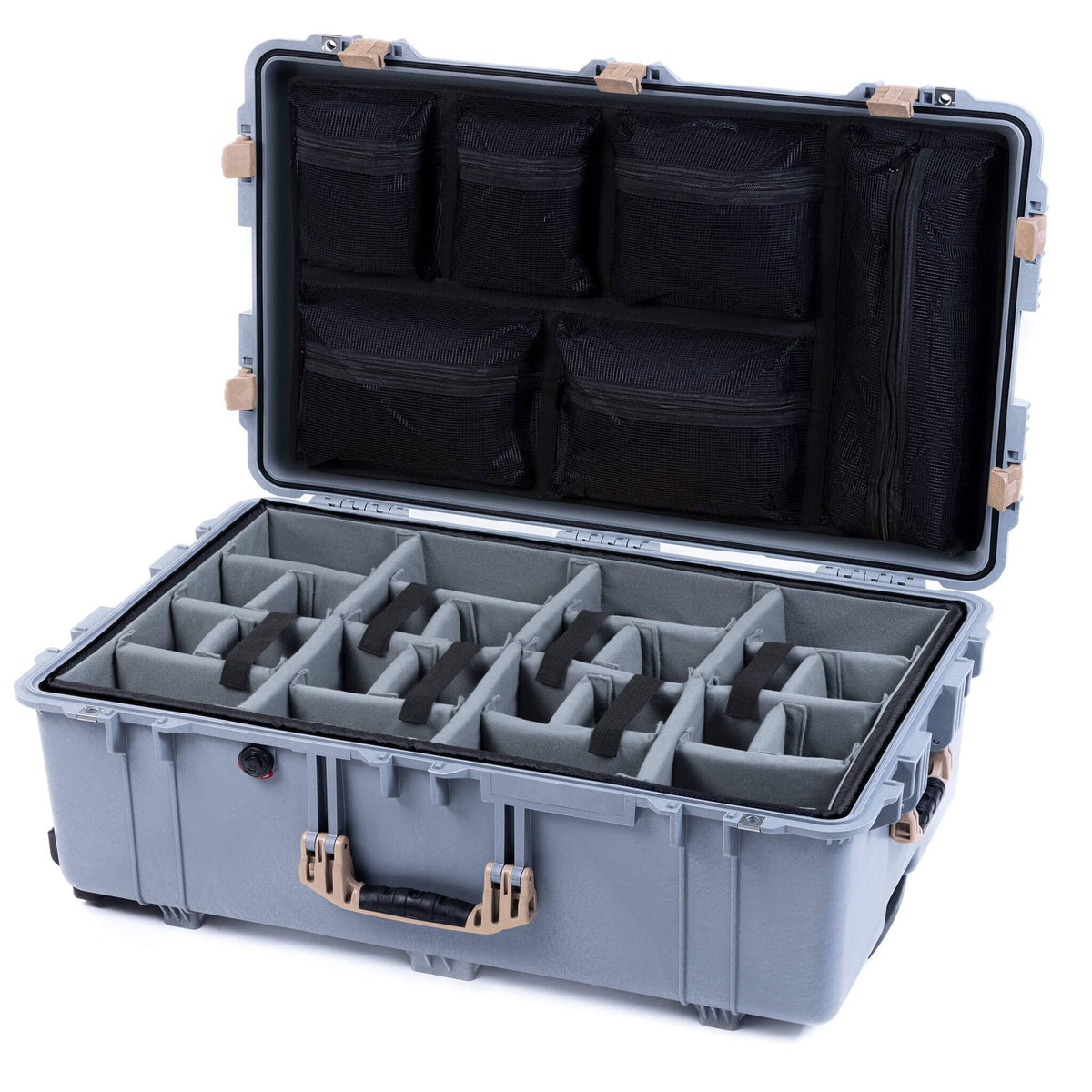 Pelican 1650 Case, Silver with Desert Tan Handles &amp; Latches Gray Padded Microfiber Dividers with Mesh Lid Organizer ColorCase 016500-0170-180-310
