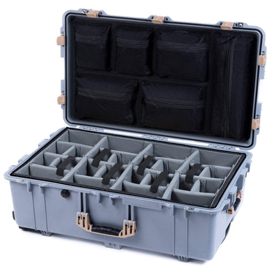 Pelican 1650 Case, Silver with Desert Tan Handles & Latches Gray Padded Microfiber Dividers with Mesh Lid Organizer ColorCase 016500-0170-180-310