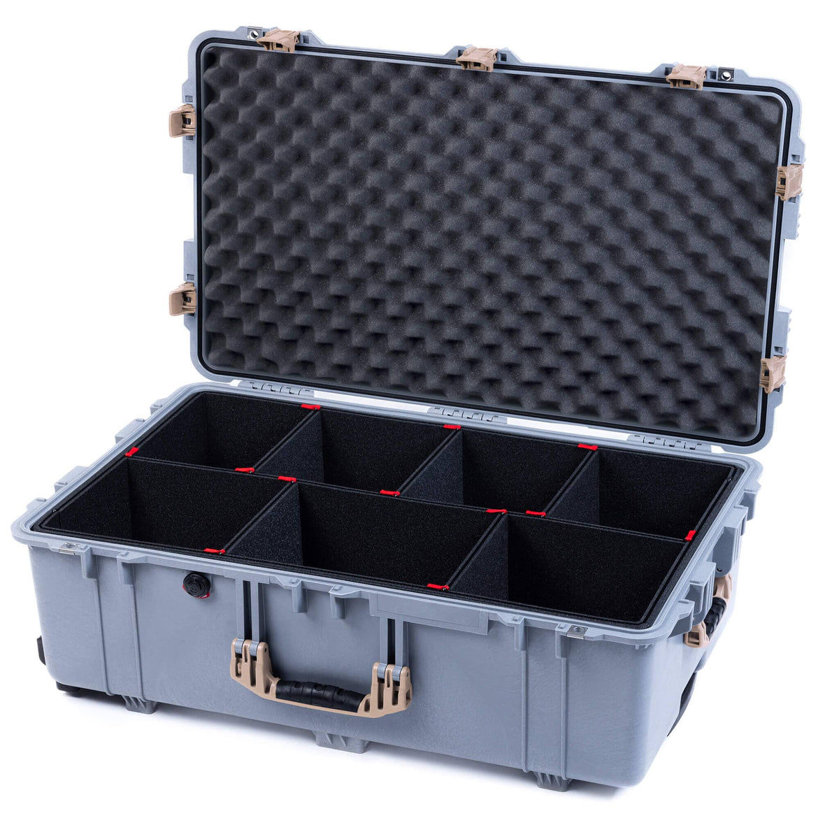 Pelican 1650 Case, Silver with Desert Tan Handles &amp; Push-Button Latches TrekPak Divider System with Convoluted Lid Foam ColorCase 016500-0020-180-311