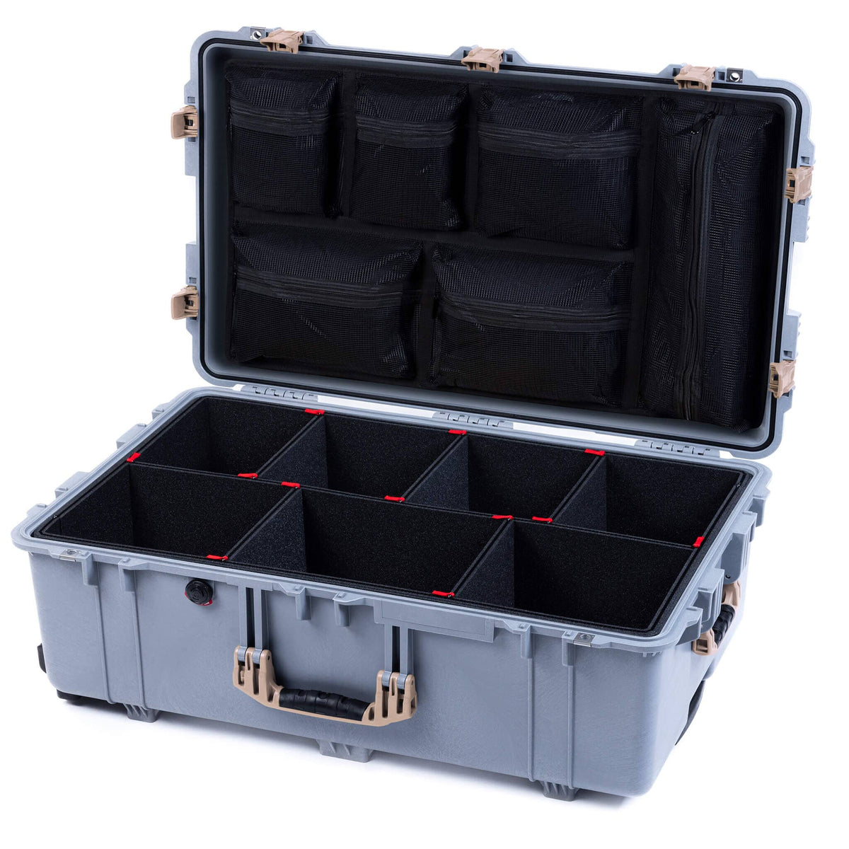 Pelican 1650 Case, Silver with Desert Tan Handles &amp; Push-Button Latches TrekPak Divider System with Mesh Lid Organizer ColorCase 016500-0120-180-311