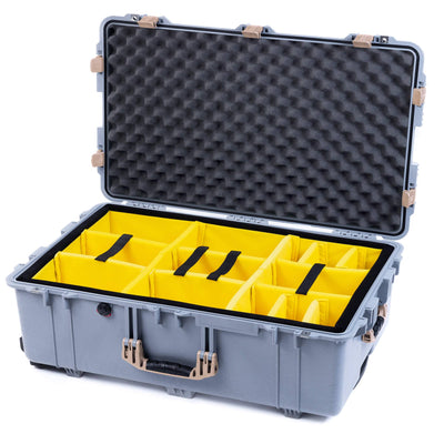 Pelican 1650 Case, Silver with Desert Tan Handles & Latches Yellow Padded Microfiber Dividers with Convoluted Lid Foam ColorCase 016500-0010-180-310