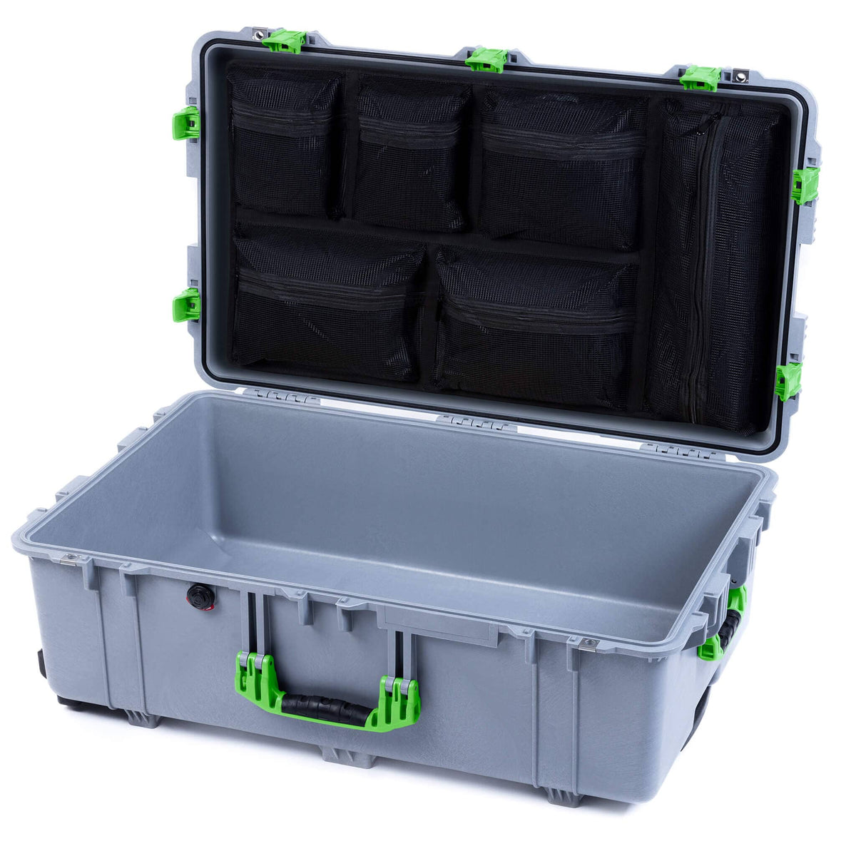 Pelican 1650 Case, Silver with Lime Green Handles &amp; Push-Button Latches Mesh Lid Organizer Only ColorCase 016500-0100-180-301