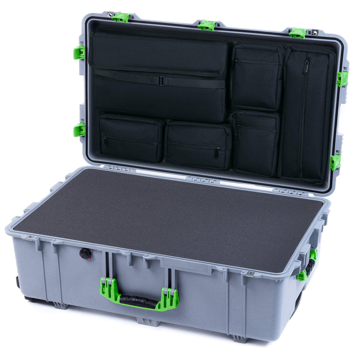 Pelican 1650 Case, Silver with Lime Green Handles &amp; Push-Button Latches Pick &amp; Pluck Foam with Laptop Computer Lid Pouch ColorCase 016500-0201-180-301