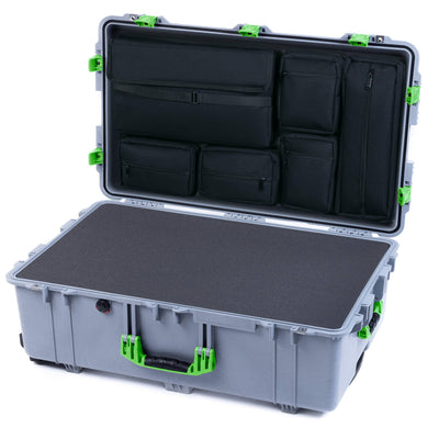 Pelican 1650 Case, Silver with Lime Green Handles & Push-Button Latches Pick & Pluck Foam with Laptop Computer Lid Pouch ColorCase 016500-0201-180-301