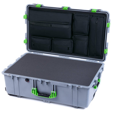Pelican 1650 Case, Silver with Lime Green Handles & Latches Pick & Pluck Foam with Laptop Computer Lid Pouch ColorCase 016500-0201-180-300