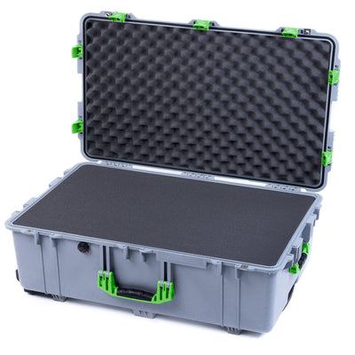 Pelican 1650 Case, Silver with Lime Green Handles & Push-Button Latches Pick & Pluck Foam with Convoluted Lid Foam ColorCase 016500-0001-180-301