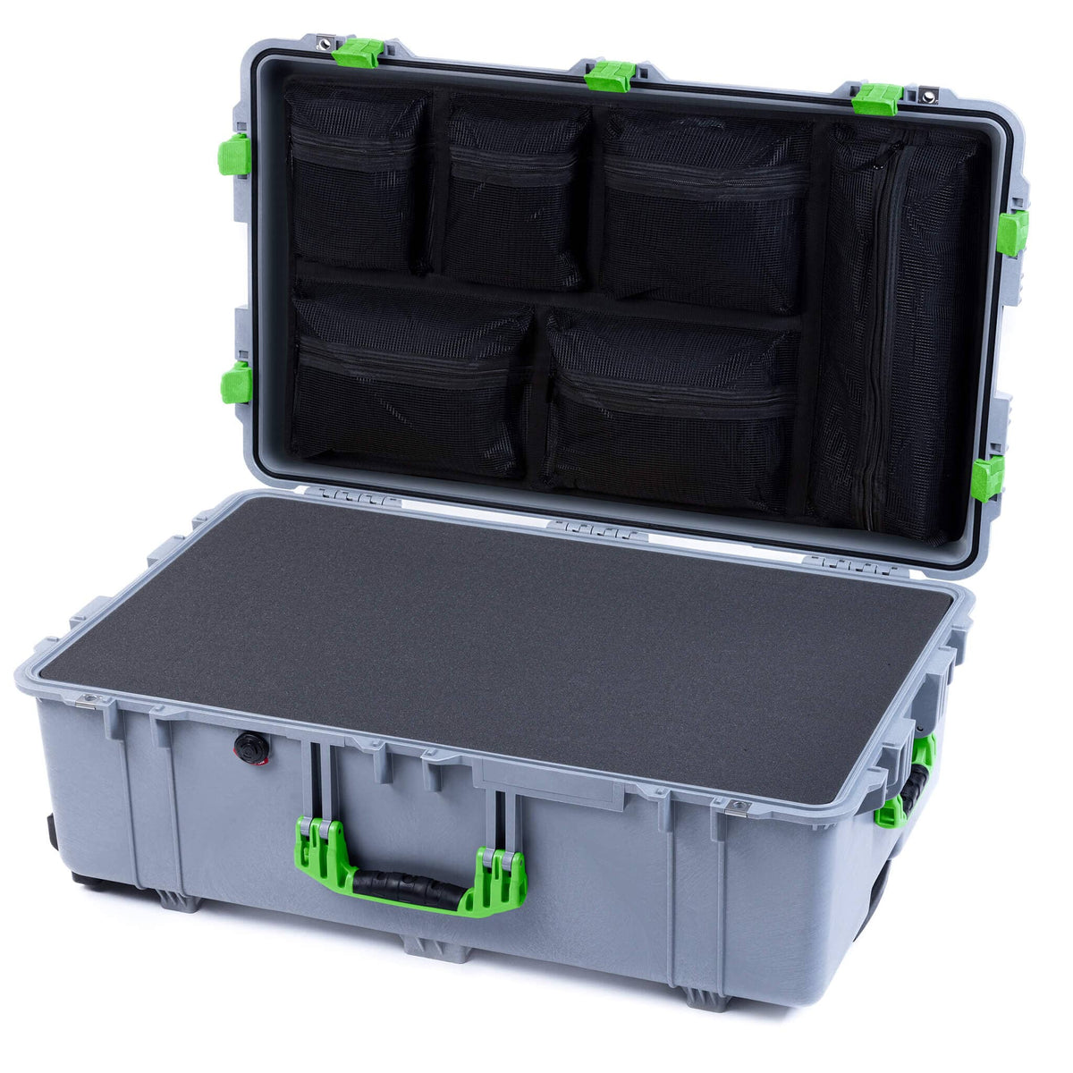 Pelican 1650 Case, Silver with Lime Green Handles &amp; Latches Pick &amp; Pluck Foam with Mesh Lid Organizer ColorCase 016500-0101-180-300