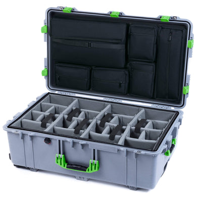 Pelican 1650 Case, Silver with Lime Green Handles & Latches Gray Padded Microfiber Dividers with Laptop Computer Lid Pouch ColorCase 016500-0270-180-300