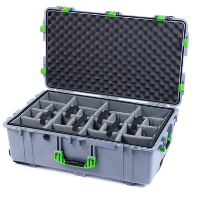 Pelican 1650 Case, Silver with Lime Green Handles & Latches Gray Padded Microfiber Dividers with Convoluted Lid Foam ColorCase 016500-0070-180-300