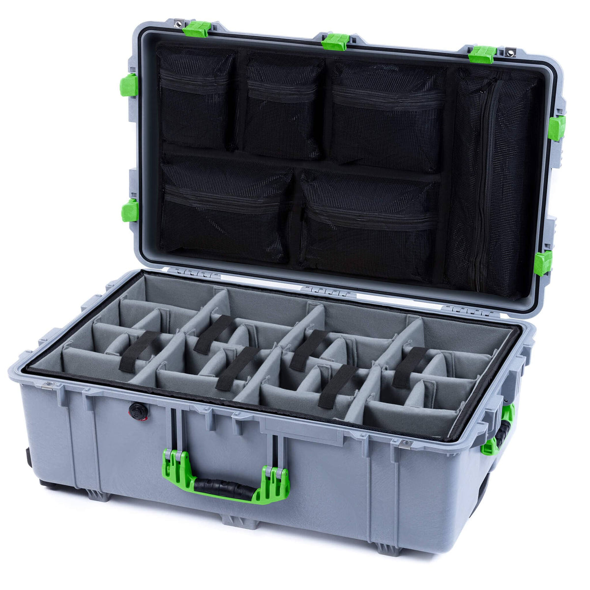 Pelican 1650 Case, Silver with Lime Green Handles &amp; Latches Gray Padded Microfiber Dividers with Mesh Lid Organizer ColorCase 016500-0170-180-300