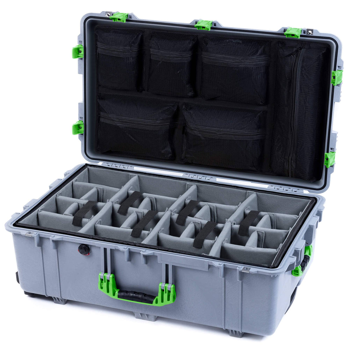 Pelican 1650 Case, Silver with Lime Green Handles &amp; Push-Button Latches Gray Padded Microfiber Dividers with Mesh Lid Organizer ColorCase 016500-0170-180-301