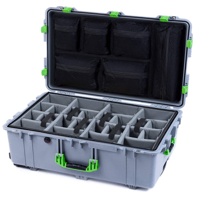 Pelican 1650 Case, Silver with Lime Green Handles & Latches Gray Padded Microfiber Dividers with Mesh Lid Organizer ColorCase 016500-0170-180-300