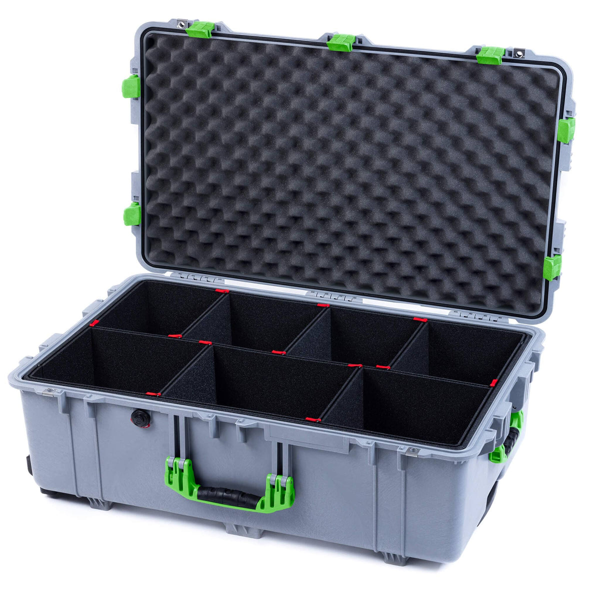 Pelican 1650 Case, Silver with Lime Green Handles &amp; Latches TrekPak Divider System with Convoluted Lid Foam ColorCase 016500-0020-180-300