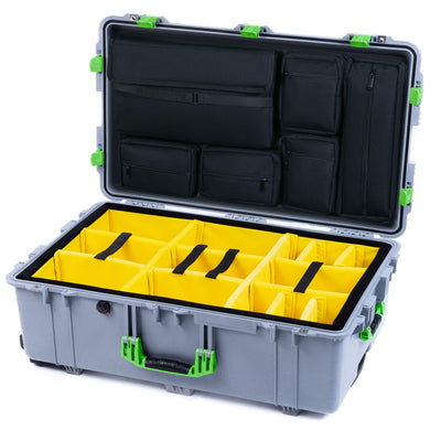 Pelican 1650 Case, Silver with Lime Green Handles & Latches Yellow Padded Microfiber Dividers with Laptop Computer Lid Pouch ColorCase 016500-0210-180-300