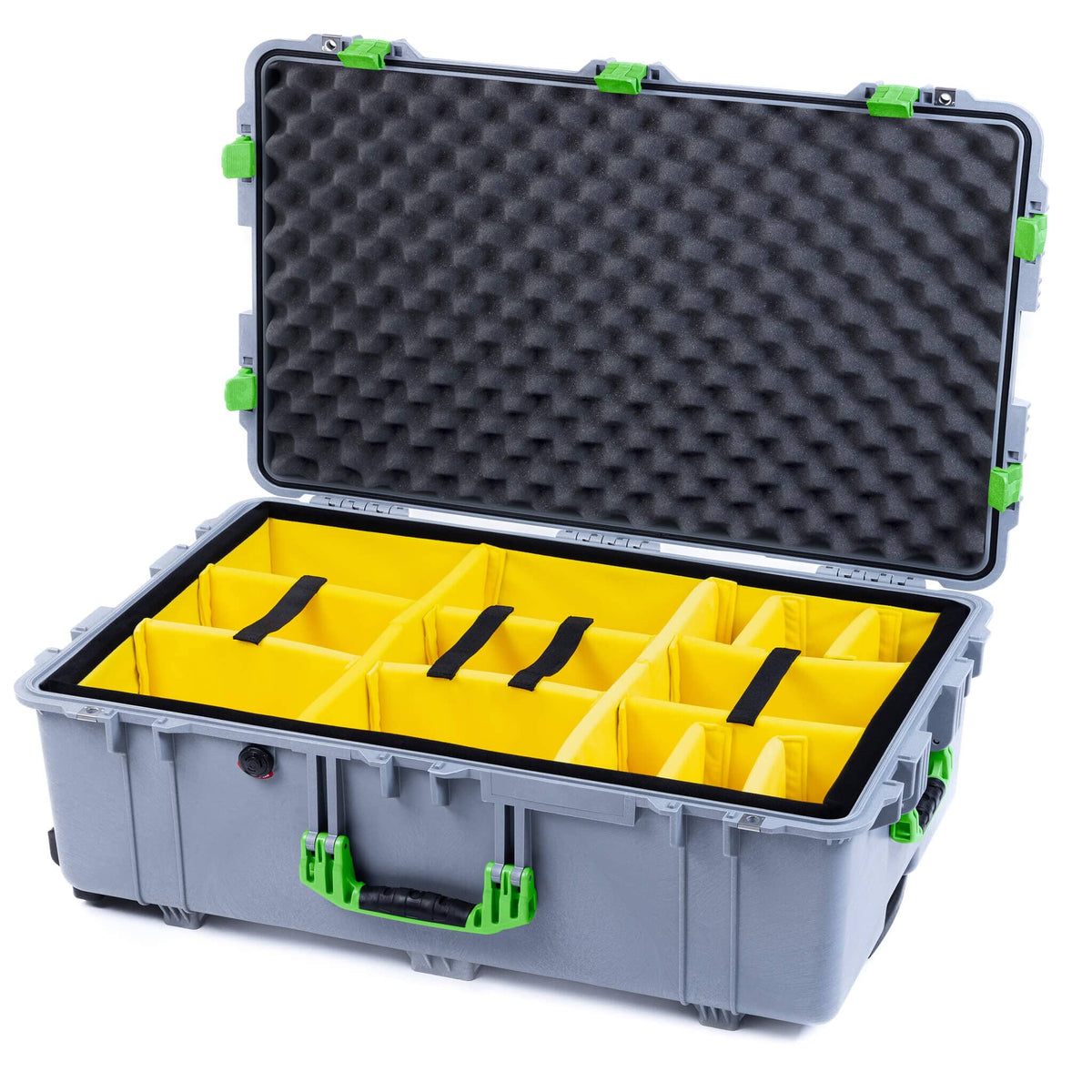 Pelican 1650 Case, Silver with Lime Green Handles &amp; Latches Yellow Padded Microfiber Dividers with Convoluted Lid Foam ColorCase 016500-0010-180-300