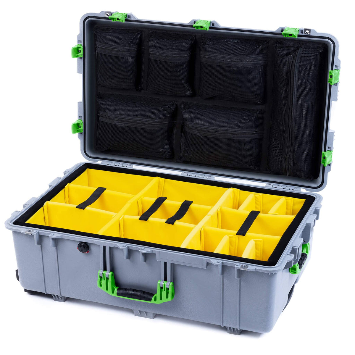 Pelican 1650 Case, Silver with Lime Green Handles &amp; Push-Button Latches Yellow Padded Microfiber Dividers with Mesh Lid Organizer ColorCase 016500-0110-180-301