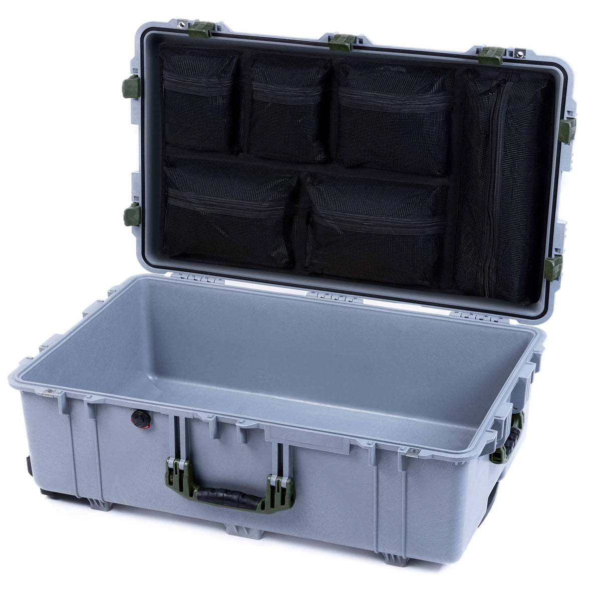 Pelican 1650 Case, Silver with OD Green Handles &amp; Latches Mesh Lid Organizer Only ColorCase 016500-0100-180-130
