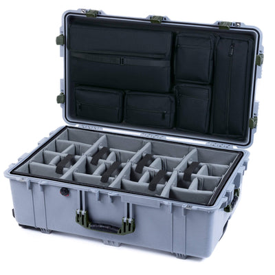 Pelican 1650 Case, Silver with OD Green Handles & Latches Gray Padded Microfiber Dividers with Laptop Computer Lid Pouch ColorCase 016500-0270-180-130