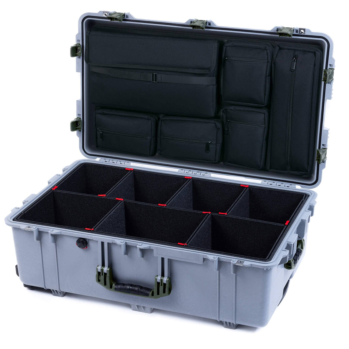 Pelican 1650 Case, Silver with OD Green Handles &amp; Push-Button Latches TrekPak Divider System with Laptop Computer Pouch ColorCase 016500-0220-180-131