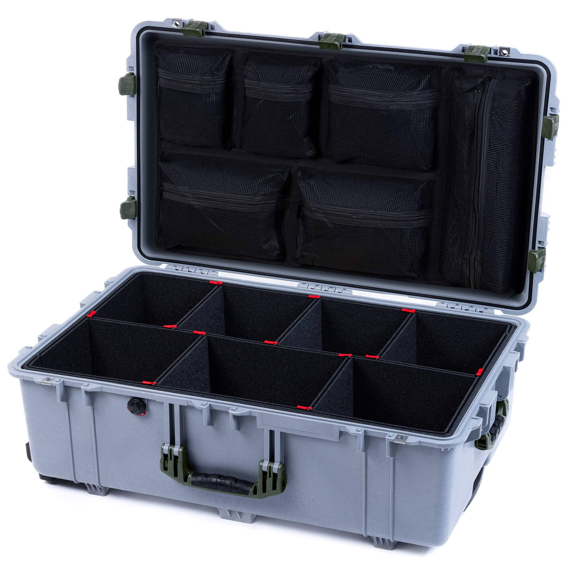 Pelican 1650 Case, Silver with OD Green Handles &amp; Latches TrekPak Divider System with Mesh Lid Organizer ColorCase 016500-0120-180-130
