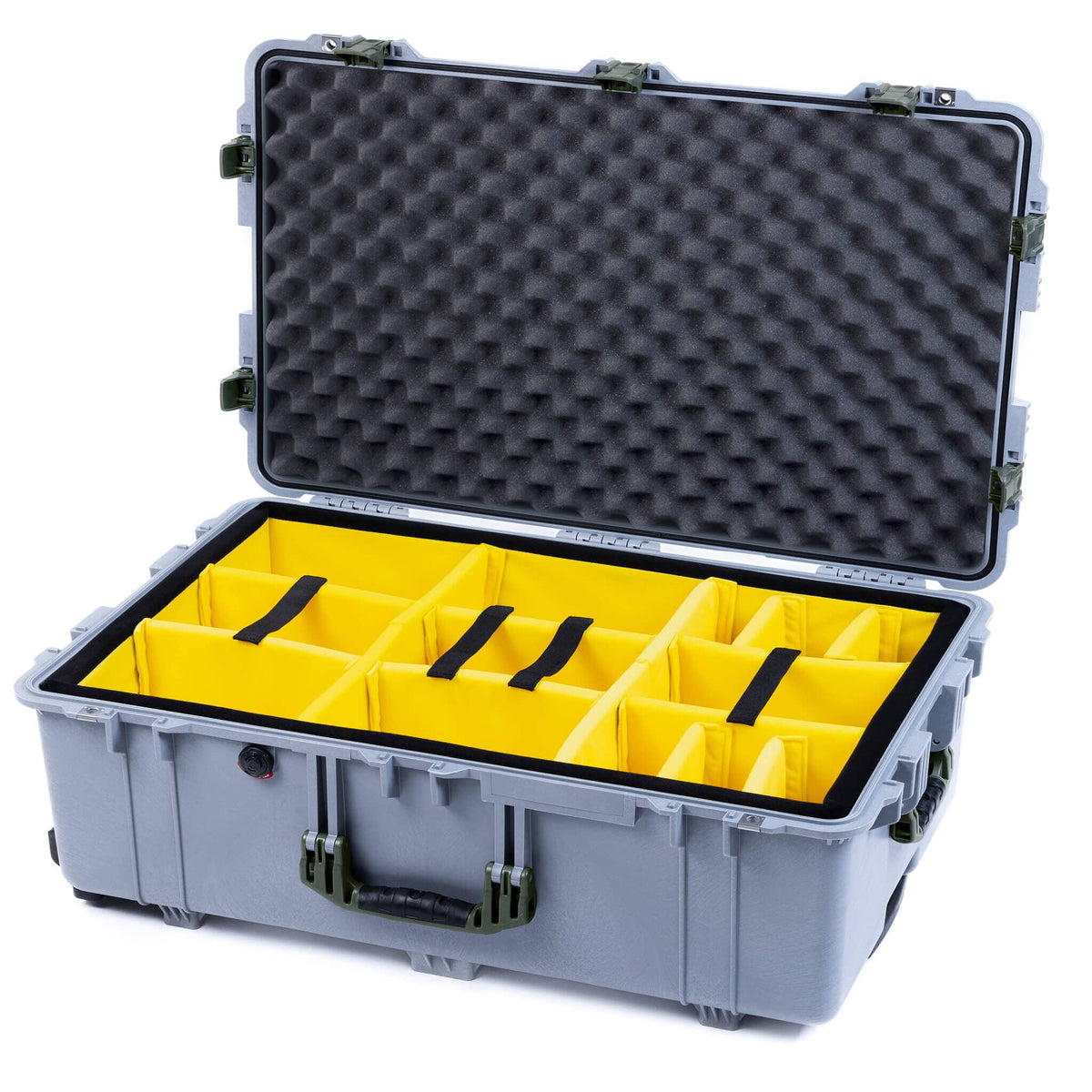 Pelican 1650 Case, Silver with OD Green Handles &amp; Push-Button Latches Yellow Padded Microfiber Dividers with Convoluted Lid Foam ColorCase 016500-0010-180-131