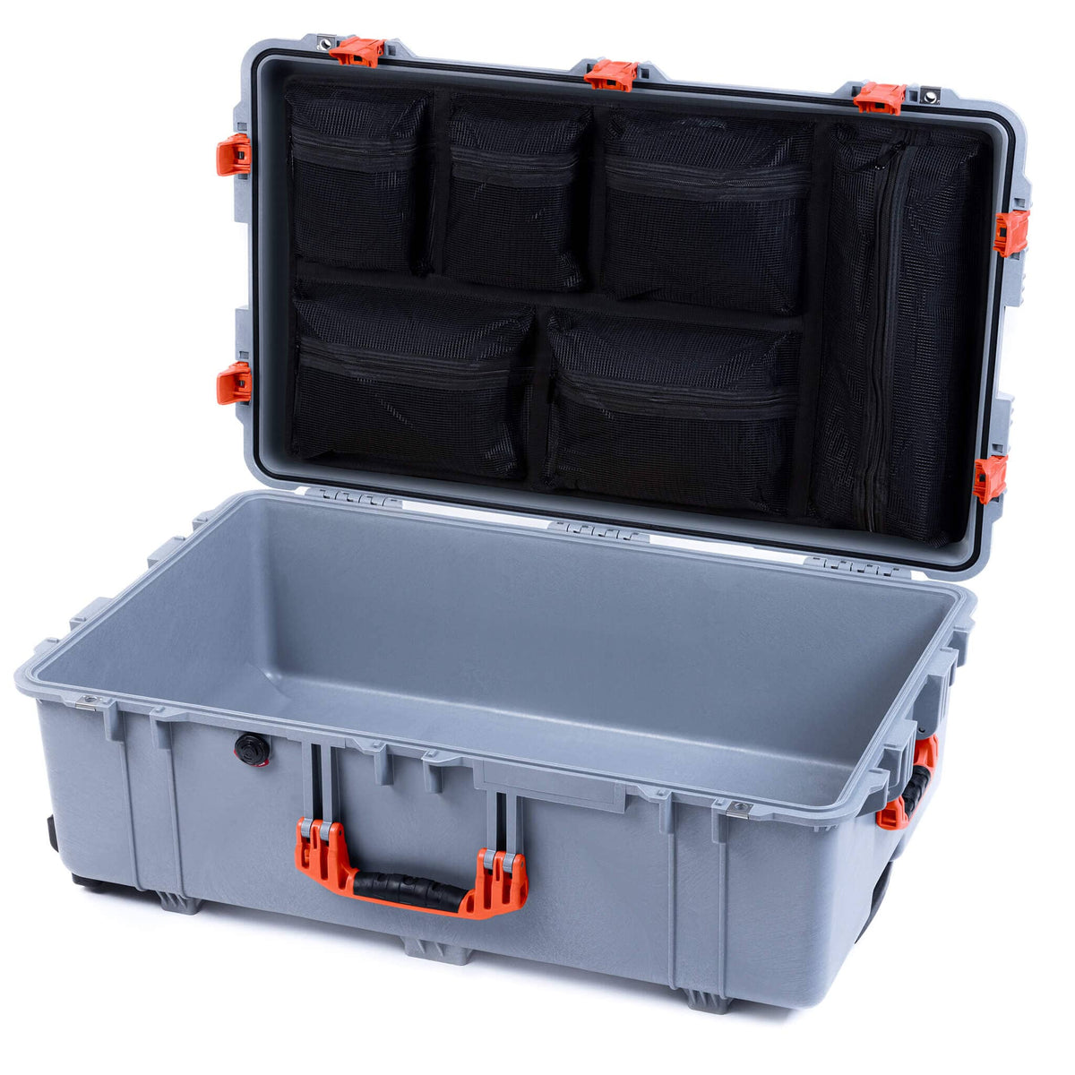 Pelican 1650 Case, Silver with Orange Handles &amp; Push-Button Latches Mesh Lid Organizer Only ColorCase 016500-0100-180-151