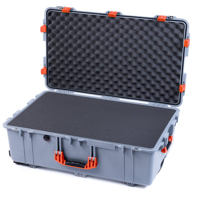 Pelican 1650 Case, Silver with Orange Handles & Latches Pick & Pluck Foam with Convoluted Lid Foam ColorCase 016500-0001-180-150
