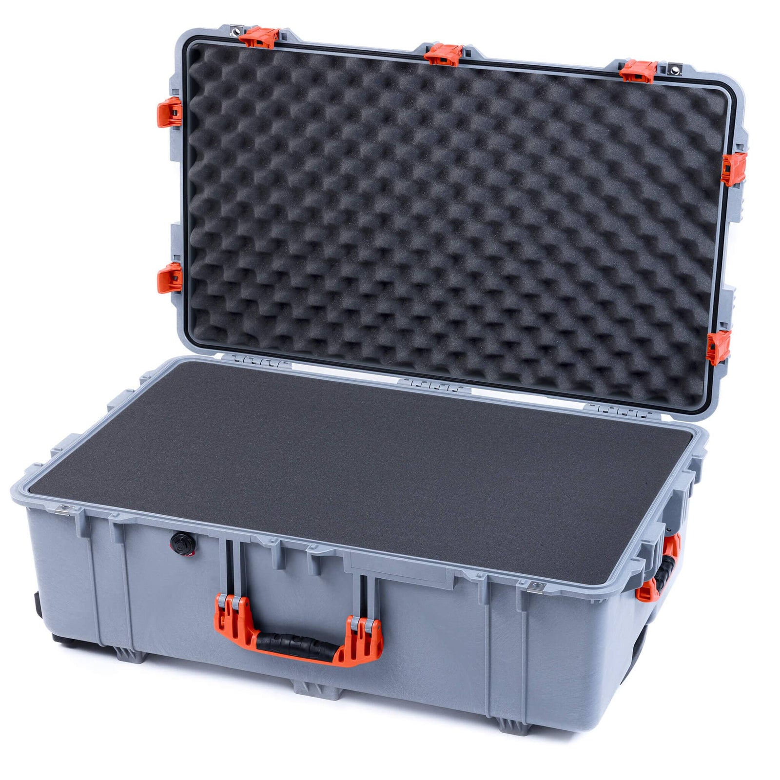 Pelican 1650 Case, Silver with Orange Handles & Push-Button Latches Pick & Pluck Foam with Convoluted Lid Foam ColorCase 016500-0001-180-151